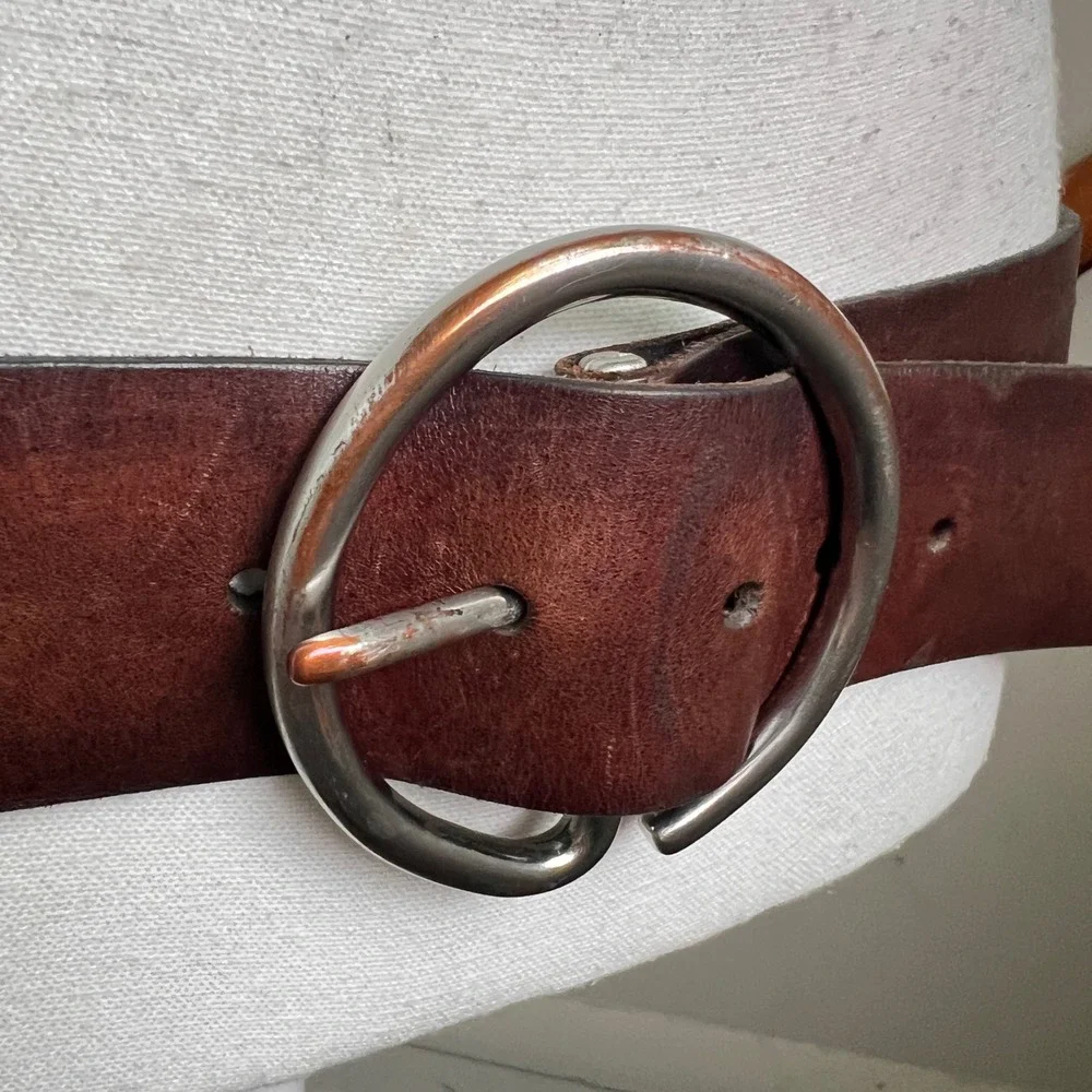 Vintage Gap Belt Large Brown Genuine Leather Wide Silver Circle Buckle 90s